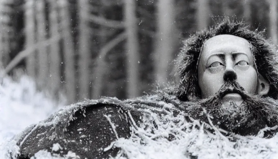 Image similar to 1 9 6 0 s movie still close up of marcus aurelius frozen to death in a blue cape with fur in a river with gravel pebbles, pine forests, cinestill 8 0 0 t 3 5 mm, high quality, heavy grain, high detail, texture, dramatic light, anamorphic, hyperrealistic, detailed hair