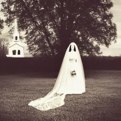 Image similar to picture of ghostly bride in front of an old wooden white church, 1 9 th century southern gothic scene, made by lagerstedt, mikko