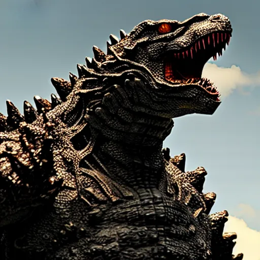 Image similar to Godzilla made out of rusty metal gear, we can also see wires, photorealistic, studio lighting, bokeh