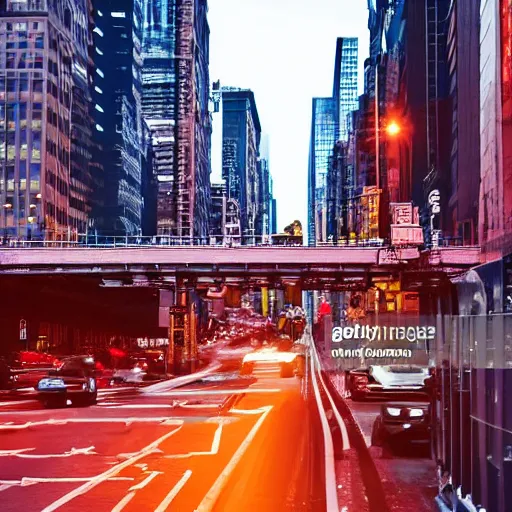 Image similar to Busy new york city street full of cars at night ,futuristic industrial train on bridge over street, still photo