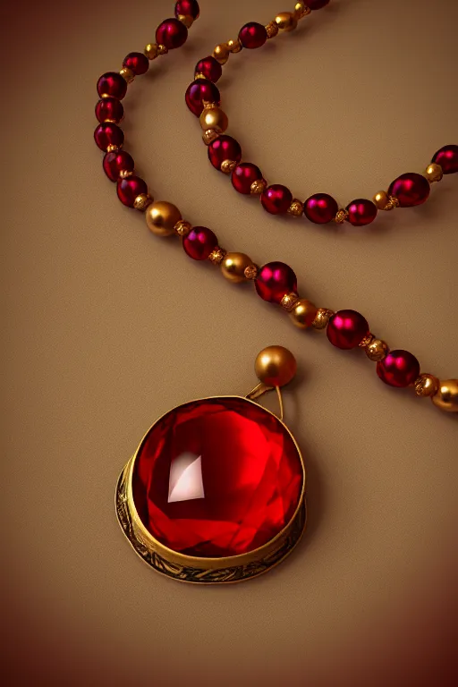 Prompt: historical, art nouveau, red gemstone necklace, gold metal, glowing inside, octane render, realistic, dramatic light, 3 d, photograph 4 k,