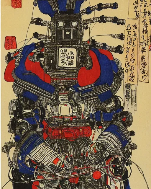 Image similar to Kuniyoshi portrait of a robot saint made of cables and robotic pod