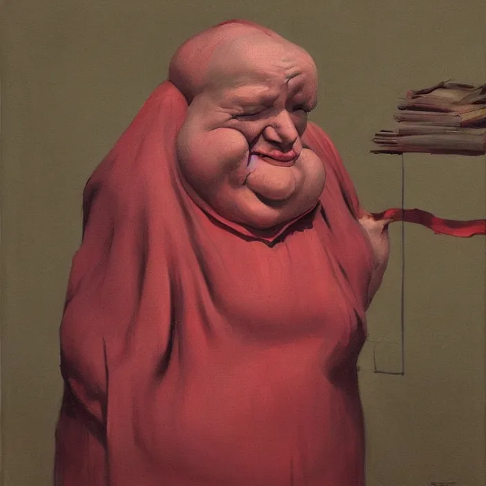 Image similar to melting old fat woman portrait with a white paper bag over the head, dressed in red paper bags, holding stack of green paper bags, highly detailed, artstation, art by edward hopper, zdislav beksinski, wayne barlowe, edward hopper