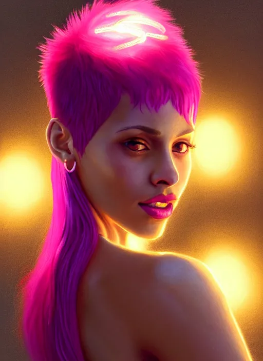 Image similar to portrait of vanessa morgan with bright pink hair, curly pixie cut hair, wearing a purple breton cap, breton cap, hoop earrings, intricate, elegant, glowing lights, highly detailed, digital painting, artstation, concept art, smooth, sharp focus, illustration, art by wlop, mars ravelo and greg rutkowski