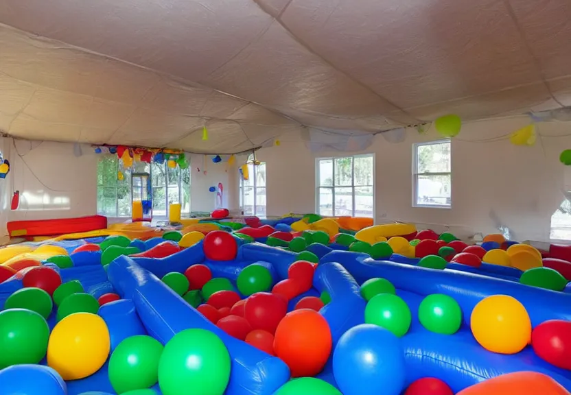 Image similar to A bouncy house with a ball pit and a black trampoline inside a big empty room with light coming through windows