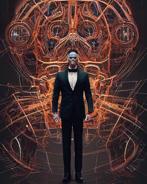 Image similar to cyborg man in suit. intricate abstract. intricate artwork. by tooth wu, wlop, beeple, dan mumford. trending on artstation, greg rutkowski very coherent symmetrical artwork. cinematic, hyper realism, high detail, octane render, 8 k, iridescent accents