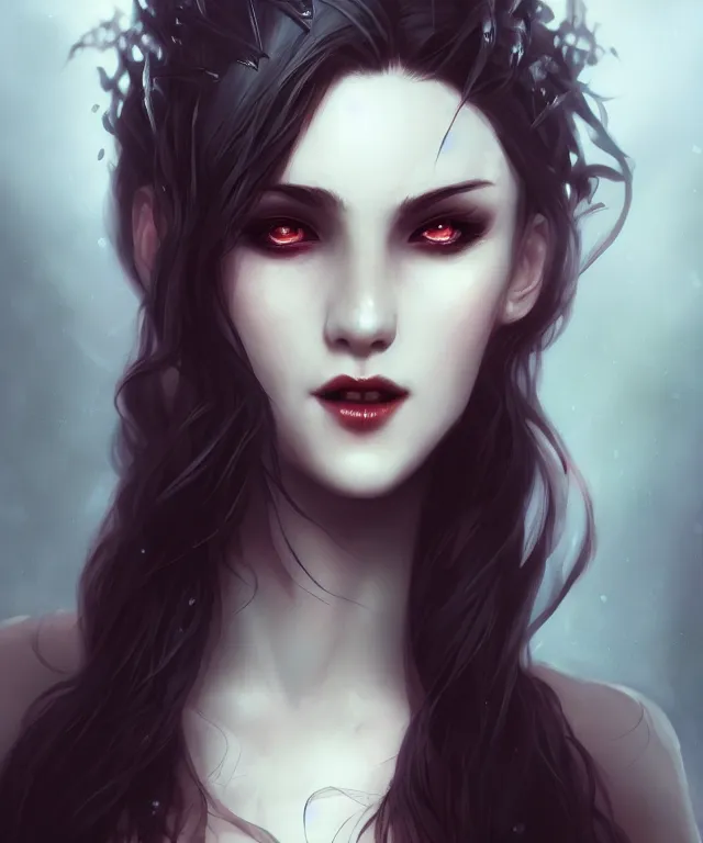 Prompt: cute vampire with fangs by charlie bowater and titian and artgerm, full - body portrait, intricate, face, elegant, beautiful, highly detailed, dramatic lighting, sharp focus, trending on artstation, artstationhd, artstationhq, unreal engine, 4 k, 8 k