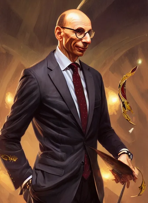 Image similar to enrico letta, wearing a suit, tarot card, deep focus, d & d, fantasy, intricate, elegant, highly detailed, digital painting, artstation, concept art, matte, sharp focus, italian flag, illustration, hearthstone, art by artgerm and greg rutkowski and alphonse mucha