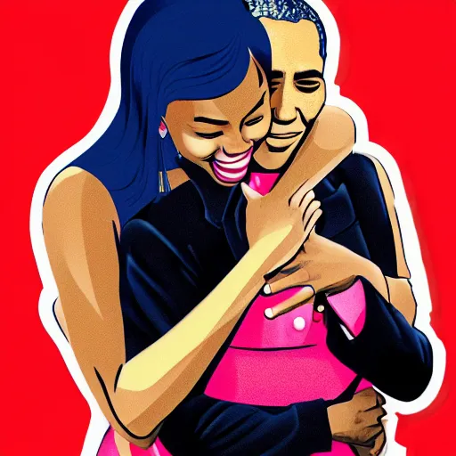 Image similar to nicki minaj hugged by barack obama from behind, soviet colored propaganda poster, highly detailed illustration