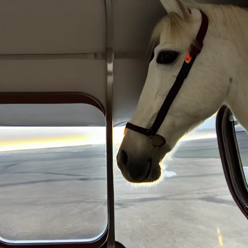 Image similar to a horse sits in an airplane seat and looks out the luminaire