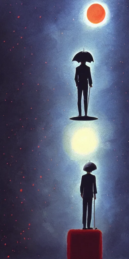 Image similar to a realistic cell - shaded studio ghibli concept art from paprika ( 2 0 0 6 ) of a man with an umbrella standing on a floating cube from close encounters of the third kind ( 1 9 7 7 ) on a misty starry night. very dull colors, hd, 4 k, hq