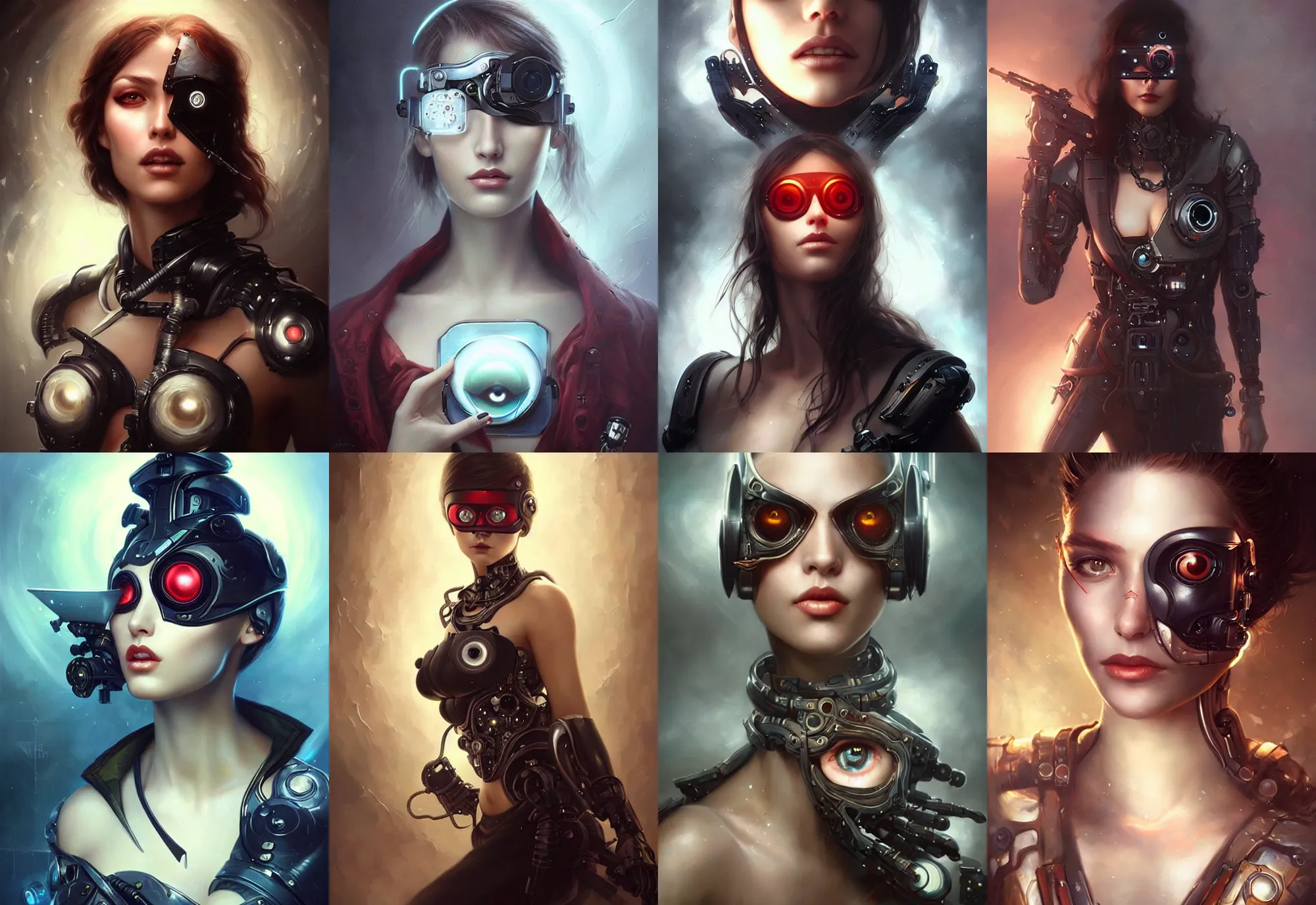 Prompt: a beautiful woman with an eye patch with a cybernetic eye, painted by artgerm and tom bagshaw, fantasy art, dramatic lighting, highly detailed oil painting
