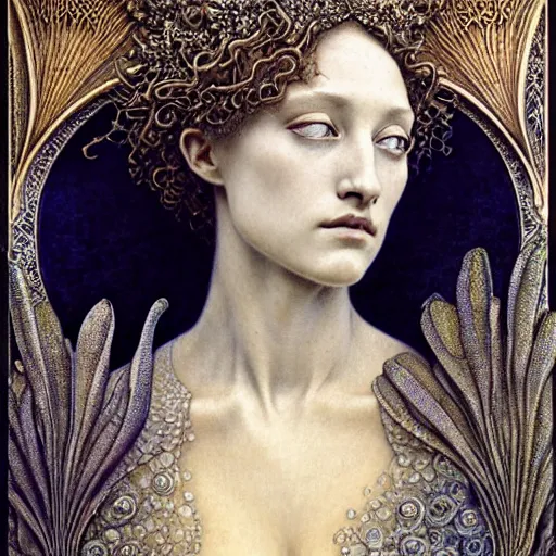 Image similar to detailed realistic beautiful young medieval queen face portrait by jean delville, gustave dore, iris van herpen and marco mazzoni, art forms of nature by ernst haeckel, art nouveau, symbolist, visionary, gothic, pre - raphaelite, fractal lace, memento mori