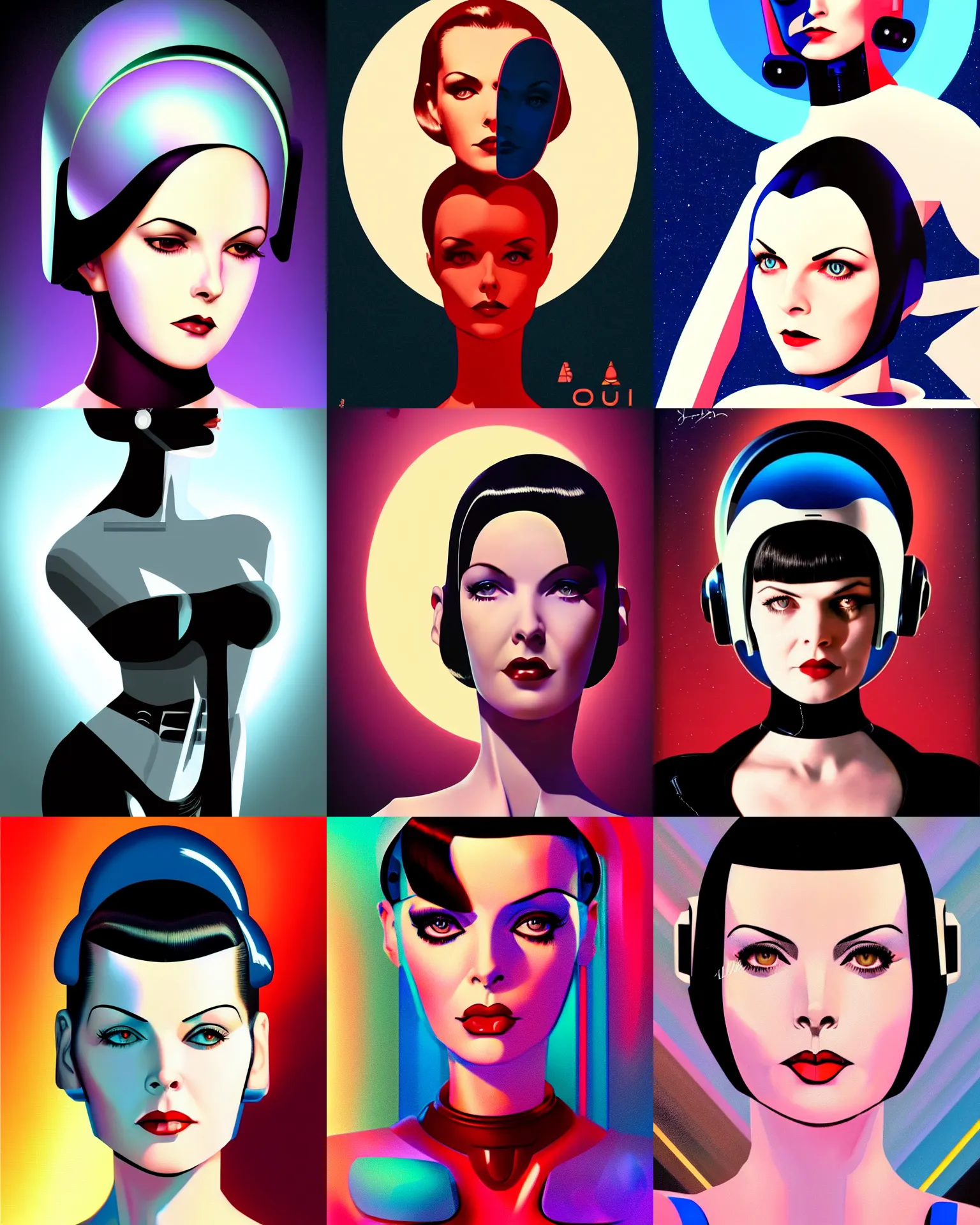 Prompt: android sherilyn fenn fused with mary louise brooks 2 2 years old space woman, half robot and half woman, retro futurism, solaris, half portrait by stanley artgerm, dramatic lighting, ilya kuvshinov, trending on artstation, flat colour, geometric curves, gradient filter, pleasing tone colours