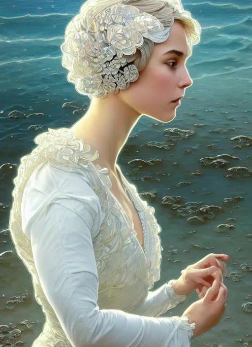 Image similar to full body portrait of a woman posing, short wavy hair, round face, intricate white dress, cottagecore!!, inside water, intricate, enlightened, highly detailed, digital painting, artstation, concept art, smooth, sharp focus, illustration, art by artgerm and greg rutkowski and alphonse mucha