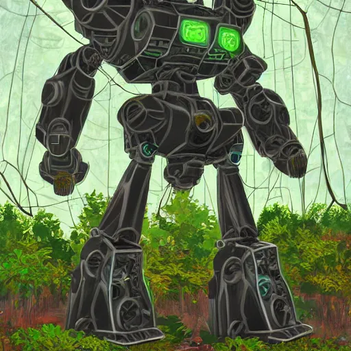 Prompt: giant metallic mech robot in the middle of a swamp, covered in many leaves and vines, digital painting, art