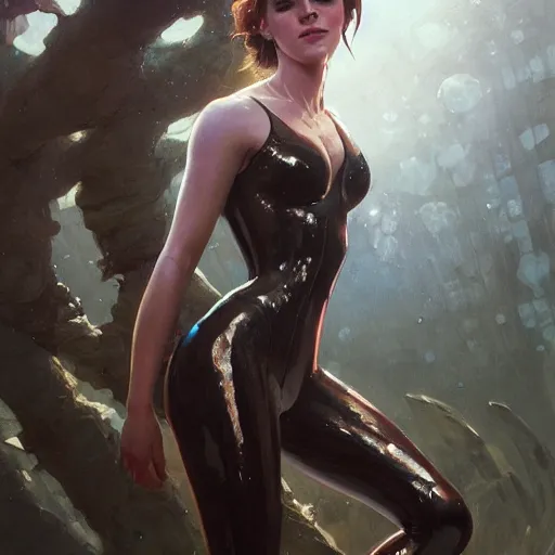 Image similar to highly detailed painting of emma watson wearing a latex suit, stephen bliss, 8 k, by greg rutkowski, loish, rhads, artgerm, ferdinand knab, makoto shinkai and lois van baarle, ilya kuvshinov, rossdraws, global illumination, radiant light, detailed and intricate environment