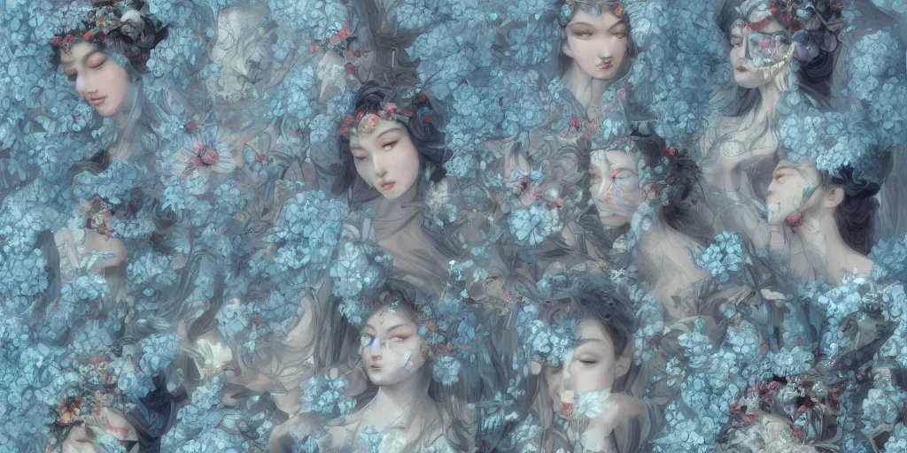 Image similar to breathtaking detailed concept art painting art deco pattern of faces goddesses amalmation light - blue flowers with anxious piercing eyes and blend of flowers and birds, by hsiao - ron cheng and john james audubon, bizarre compositions, exquisite detail, extremely moody lighting, 8 k