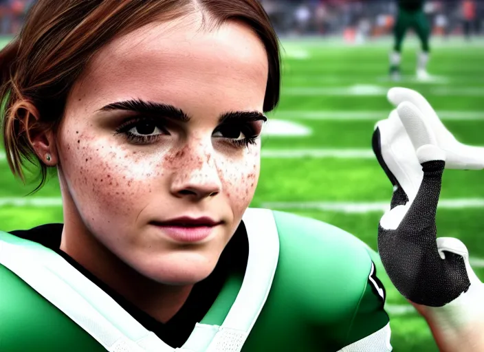 Prompt: facial portrait of a football player on the sidelines, kicker emma watson, reddit contest winner, madden 2 1, ps 4, character design