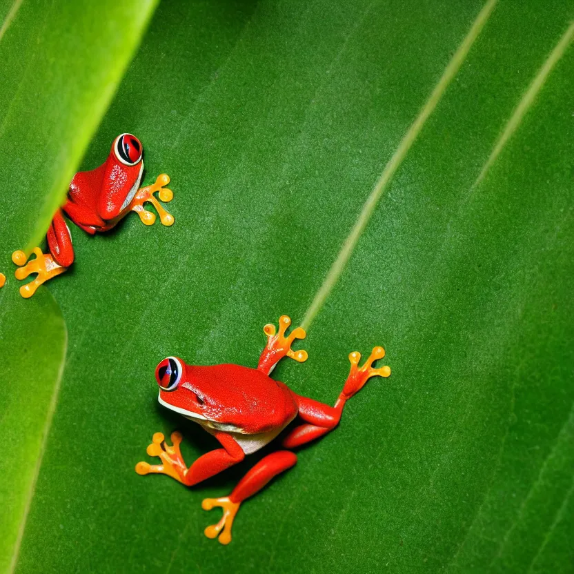 Image similar to macro photo of a red-eyed tree frog on a leaf, Nikon D810, ƒ/5.0, focal length: 46.0 mm, Exposure time: 1/60, ISO: 400, hyper-detailed, award-winning National Geographic photo