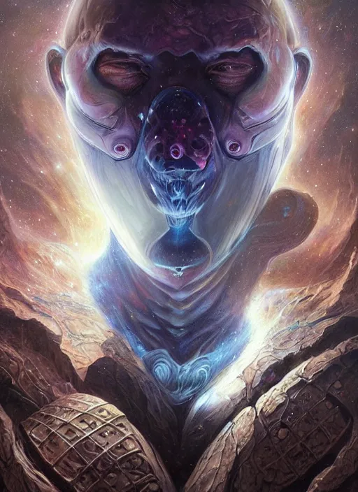 Image similar to dark horror cosmic crystal nebula mf doom glowing bright eyes, platinum skin, centered, digital painting, artstation, concept art, smooth, sharp focus, illustration, artgerm, tomasz alen kopera, peter mohrbacher, donato giancola, joseph christian leyendecker, wlop, frank frazetta