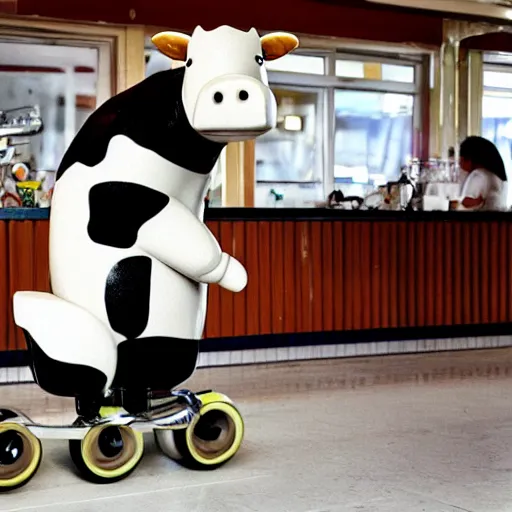 Image similar to simple cow on roller skates in diner