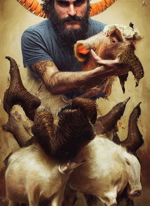 Image similar to a hyper detailed painting of joaquin phoenix surrounded by animals, cow horns, pig nose, sheep wool, chicken feather, horror, by anna podedworna, by miklos ligeti, by diego maricato, by taran fiddler, by antonino truisi, by chris reddie, by jinsung lim, trending on artstation