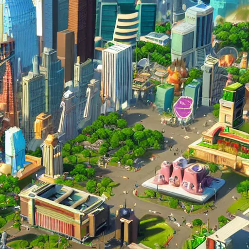 Image similar to The isometric perspective and UI of the PC game SimCity, applied to Zootopia by Disney.