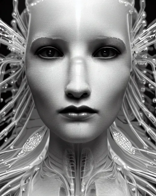 Image similar to mythical dreamy black and white organic translucent bio-mechanical spinal ribbed profile face portrait detail of icy mechanical beautiful female angelic-snow-cyborg, highly detailed, intricate crystal steampunk ornate, poetic, 3D render, digital art, octane render, 8K artistic photography, photo-realistic, by Dora Maar