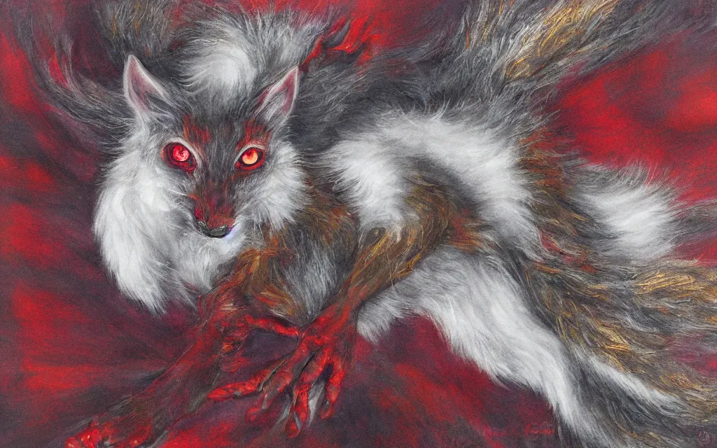Prompt: mysterious creature with white fur and red streaks, long limbs, with intricate golden paws and glowing eyes by naomi chen