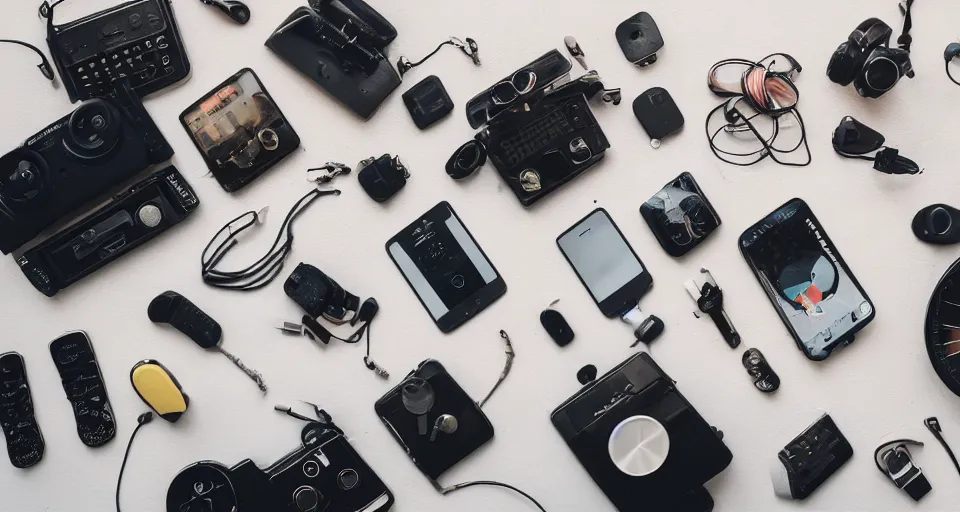 Prompt: a knolling of retro gadgets, overhead shot, flatlay