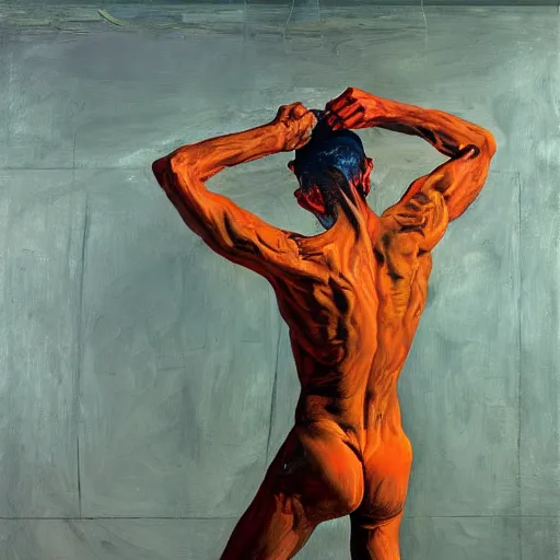 Prompt: high quality high detail painting of a man in agony by lucian freud and edward hopper and jenny saville and francis bacon, hd, dark demonic dancer, turquoise and orange