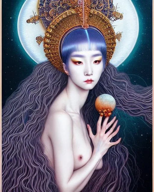 Image similar to portrait of a beautiful moon goddess, unusual beauty, esoteric, other worldly colors, head in focus, fantasy art, ornamental aesthetics, intricate, elegant, highly detailed hyperrealistic painting, artstation, concept art, painterly, sharp focus, illustration, art by chie yoshii