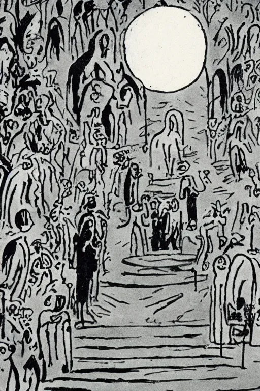 Image similar to Artwork by Tove Jansson of the cinematic view of the Cenotaph of Ever-changing Blasphemy.