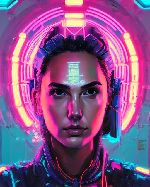 Image similar to detailed portrait Gal Gadot Neon Operator Girl, cyberpunk futuristic neon, reflective puffy coat, decorated with traditional Japanese ornaments by Ismail inceoglu dragan bibin hans thoma greg rutkowski Alexandros Pyromallis Nekro Rene Maritte Illustrated, Perfect face, fine details, realistic shaded, fine-face, pretty face