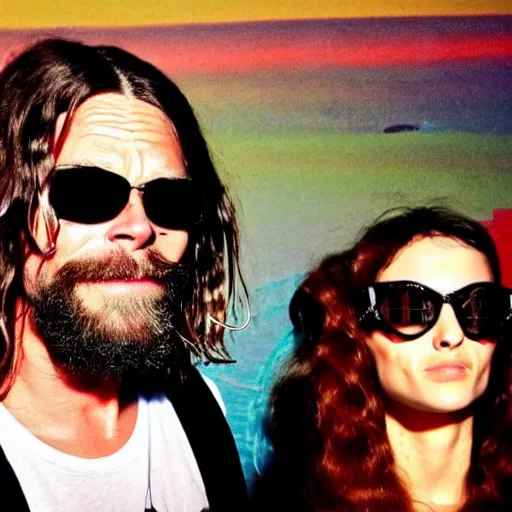 Prompt: 3 9 - year - old french bearded long - haired yoga punk singer wearing wraparound sunglasses. he also works as a commercial model and actor. looks like brad pitt. standing next to khalyla kuhn. vaporwave.