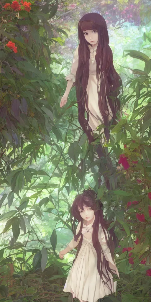 Prompt: a digital art of a loli with long hair in a dress in the privet garden at after noon, green and warm theme, back lighting, by krenz cushart and mucha and akihito yoshida and greg rutkowski and makoto shinkai, graphic design, extremely long shot, detailed eyes, 4 k resolution, trending on art station