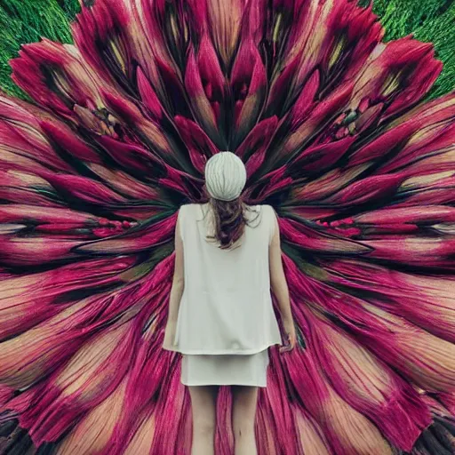 Image similar to giant flower head, woman walking in paris, surreal photography, symmetry, flat space, fanciful, bright colours, detailed, wes anderson