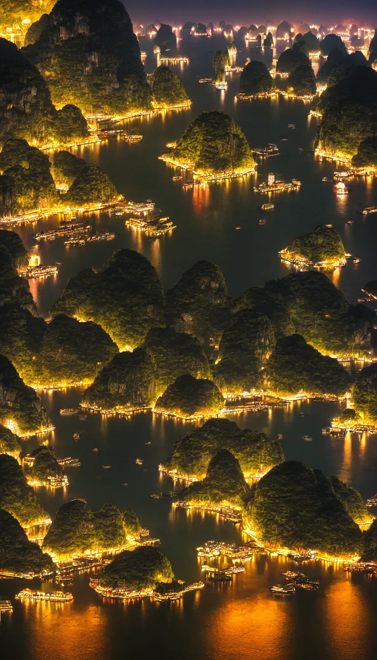 Prompt: poster of ha long bay in vietnam at night by national geographic