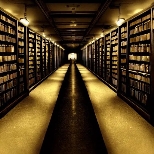 Prompt: a never ending, dark hallway of a library, filled with darkness, dark, no lights, creatures from the dark