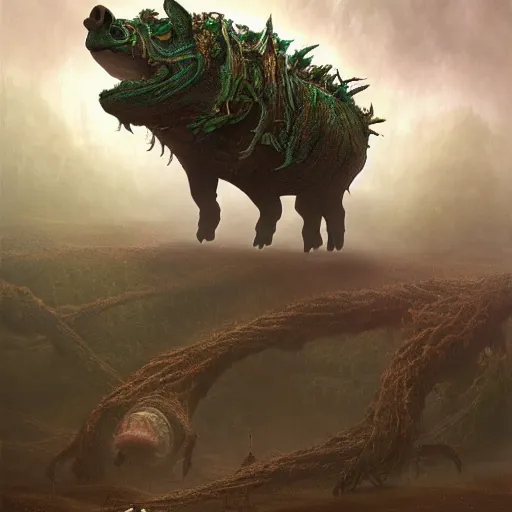 Prompt: A giant sensual pig-monster made of grotesque things in Elden Ring, fullbody, intricate, demonic, video game art, highly detailed, artstation, green field with village ruins, concept art, smooth, sharp focus, illustration, art by greg rutkowski and orientalism and bouguereau and Zdzislaw Beksinski, good clear quality, lighting, biology, symmetrical artwork, perfect face, 135 mm, cinematic, hyper realism, high detail, octane render, 8k, chrome accents