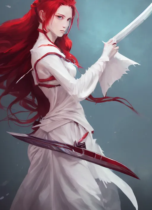 Image similar to a highly detailed illustration of fierce messy ponytail red haired one armed delinquent woman wearing long white tokkoufuku cape, dramatic wielding paper sword pose, intricate, elegant, highly detailed, centered, digital painting, artstation, concept art, smooth, sharp focus, league of legends concept art, wlop.