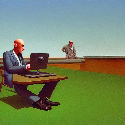 Prompt: Portrait of a man wearing a business hacking computers, very coherent, painted by Edward Hopper, Wayne Barlowe, painted by James Gilleard, airbrush, art by JamesJean