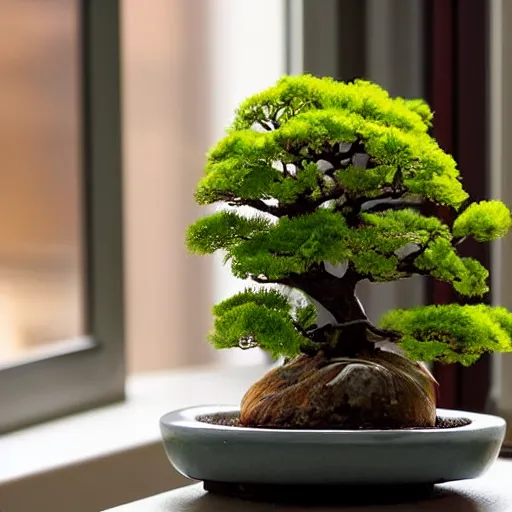 Image similar to a small kokedama on a plate in a kitchen next to a window, a small red momiji bonsai is growing from the top of the kokedama, beautiful lighting, cinematic, high detail,