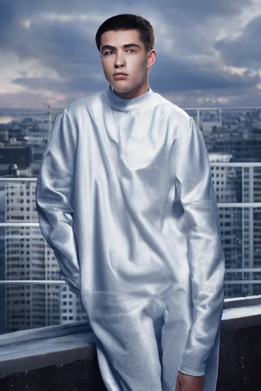 Image similar to un ultra high definition studio quality photographic art portrait of a young man standing on the rooftop of a british apartment building wearing soft padded silver pearlescent clothing. three point light. extremely detailed. golden ratio, ray tracing, volumetric light, shallow depth of field. set dressed.