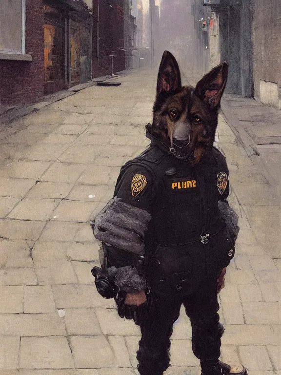 Image similar to new york city portrait of furry anthro anthropomorphic german shepard head animal person fursona wearing clothes nypd traditional police uniform in the alley, sunny day, digital art by Nerdrum John, William Waterhouse, Winslow Homer, Alex Heywood, Jordan Grimmer, Darren Quach, Greg Rutkowski, Simon Stalenhag, trending on Artstation, CGSociety