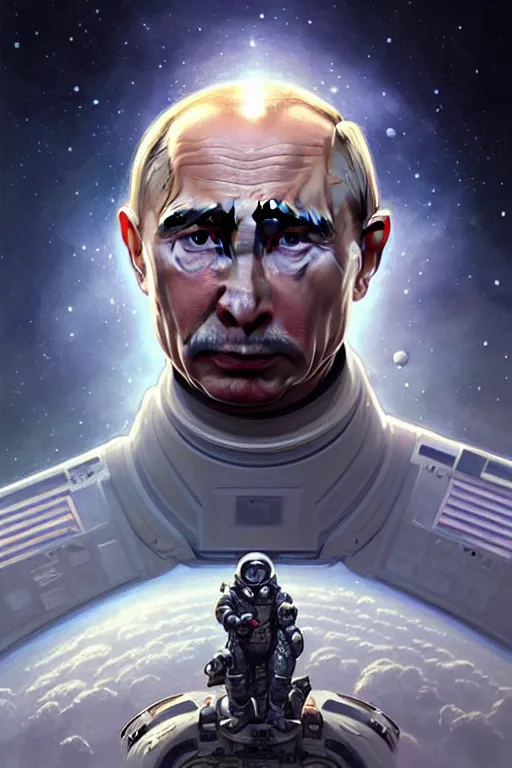 Image similar to Portrait of Putin in space, D&D, face, dark fantasy, intricate, elegant, highly detailed, digital painting, artstation, concept art, smooth, sharp focus, illustration, art by artgerm and greg rutkowski and alphonse mucha