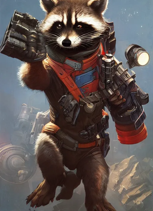 Prompt: Portrait of Rocket raccoon, marvel comics, dark, intricate, highly detailed, smooth, artstation, digital illustration by Ruan Jia and Mandy Jurgens and Artgerm and Wayne Barlowe and Greg Rutkowski and Frank Frazetta