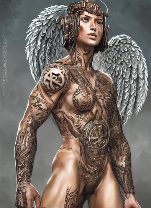 Image similar to Portrait of Ratajkowski as an angel warrior legs, completely covered by armour and runes , angelical runes tattooed all over his legs, intricate down body, whole body, highly detailed, digital painting, artstation, concept art, smooth, sharp focus, illustration, art by Hajime Sorayama