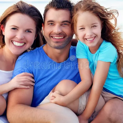 Image similar to wide 7 5 mm stock photo shot of a happy family on a beach, realistic shaded perfect face, realistic shaded lighting, 8 k ultra realistic